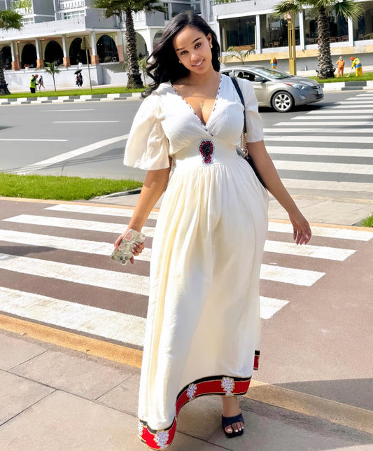 V-neckline Habesha Kemis Timeless Habesha Dress Traditional Ethiopian Clothing 