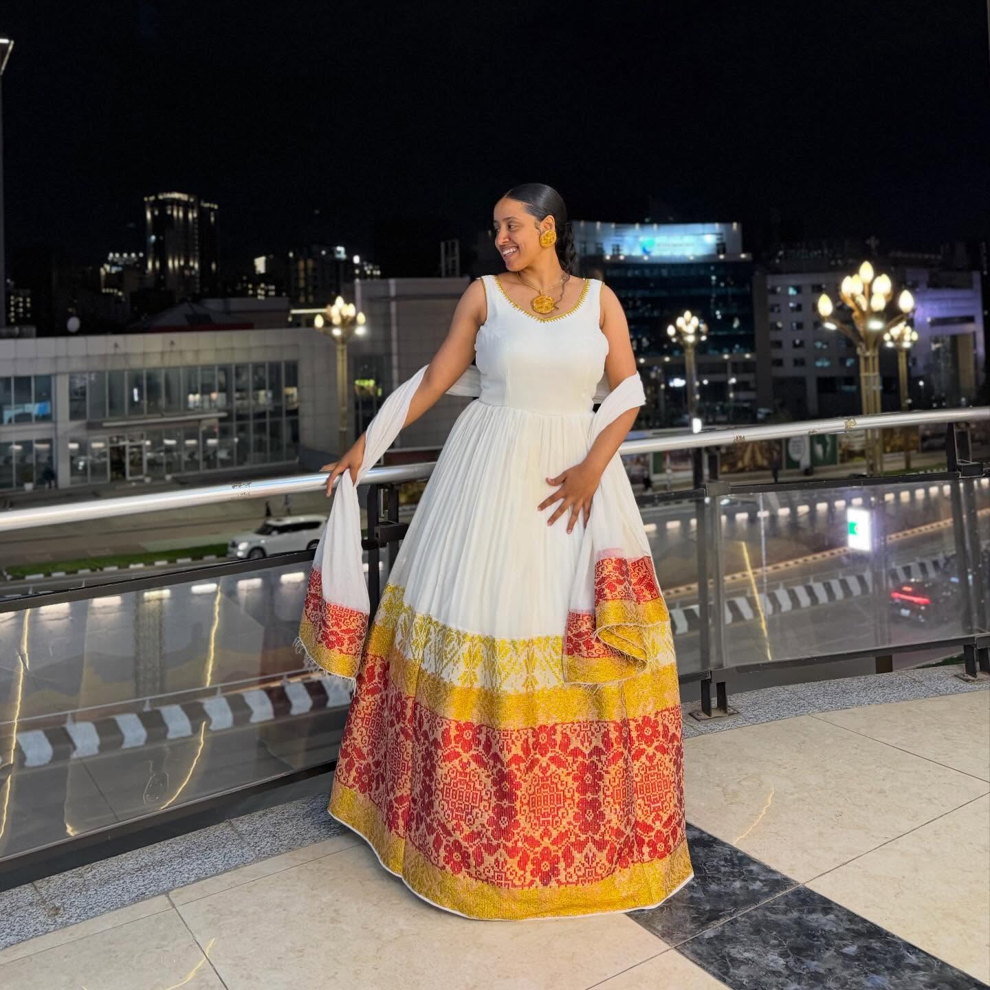 Sleeveless Habesha Traditional Dress  Ethiopian Clothing with Red & Gold Border
