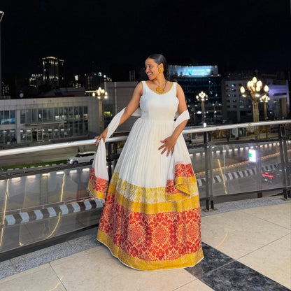 Sleeveless Habesha Traditional Dress  Ethiopian Clothing with Red & Gold Border