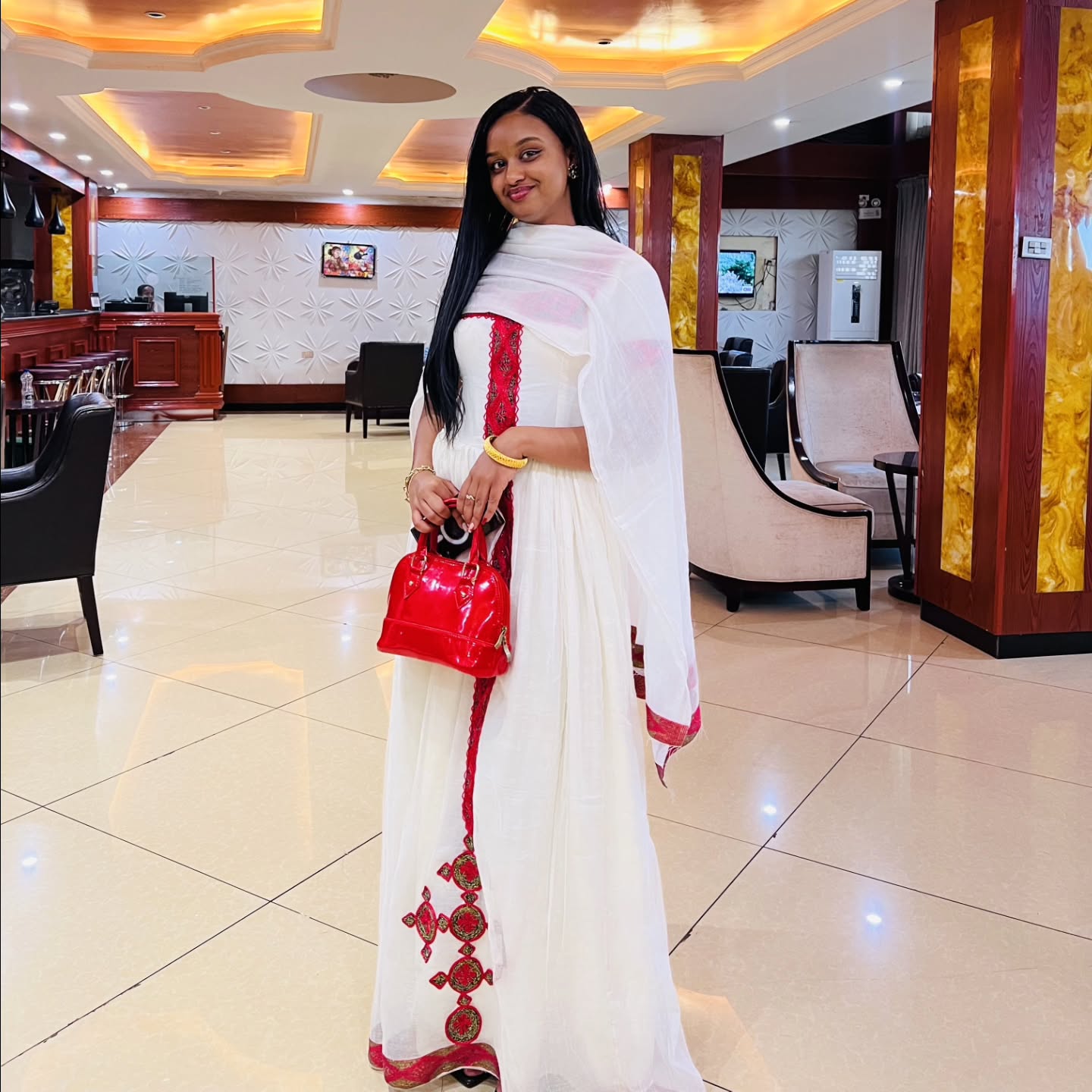 Habesha Kemis with Red Embroidery Traditional Ethiopian Dress