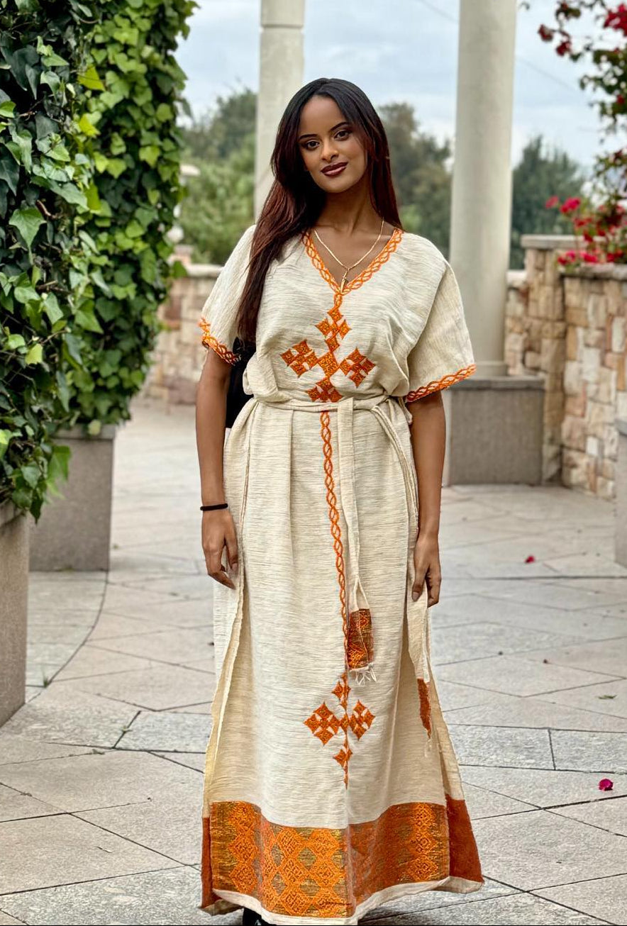 Traditional Ethiopian Dress with Elegant Gold Detailing