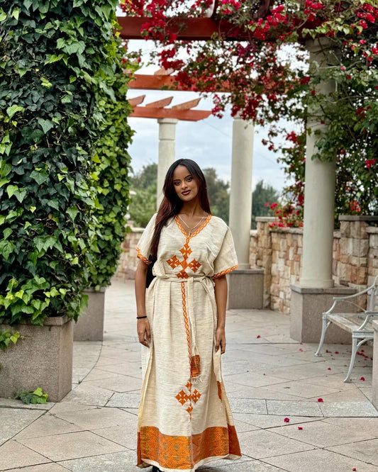 Traditional Ethiopian Dress with Elegant Gold Detailing