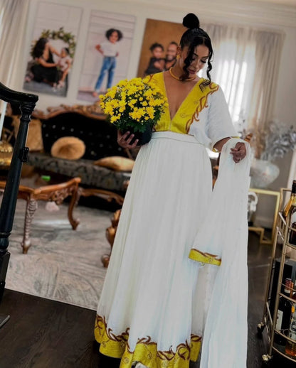 Habesha Kemis Inspired by Traditional Ethiopian Craftsmanship Yellow Woven Habesha Dress Ethiopian Dress 557