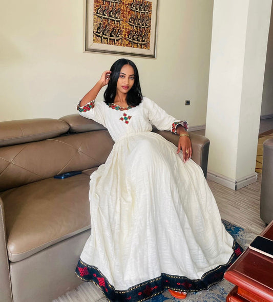 Black Habesha Dress with Elegant red Embroidered Detailing