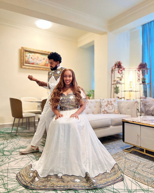 Matching Ethiopian Couple Outfit with Handwoven Details