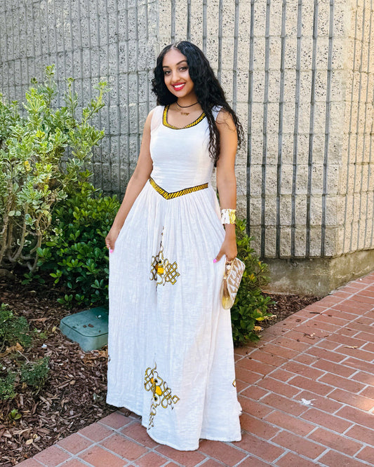 Sleeveless Habesha Dress Yellow embroidery Ethiopian Clothing 