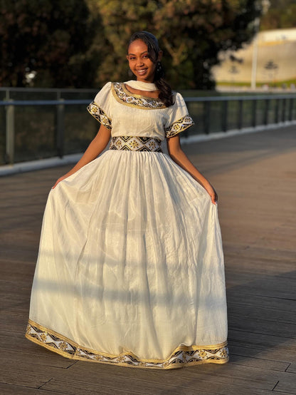 Short Sleeve Habesha Dress Gold And Black Embroidery Habesha Kemis 