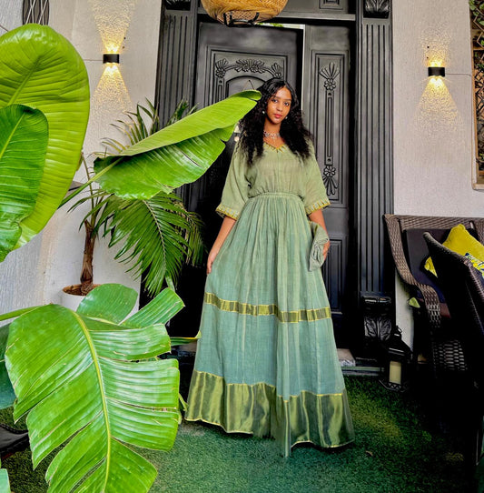Green Habesha Dress Traditional Ethiopian & Eritrean Clothing