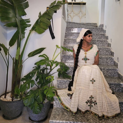 White Habesha Kemis Cross Embroidery Traditional Ethiopian Dress