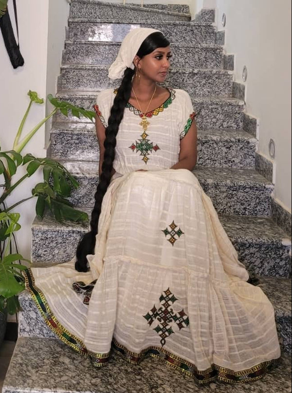 White Habesha Kemis Cross Embroidery Traditional Ethiopian Dress