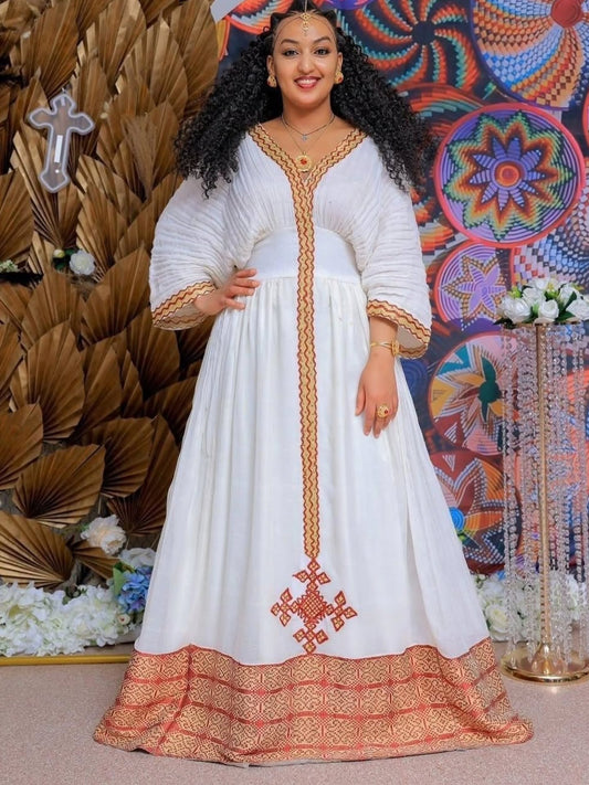 Timeless Habesha Kemis with Red and Gold Handwoven Detail