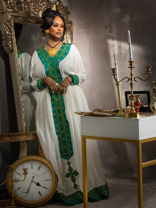 Traditional Ethiopian White Habesha Dress with Green Accent