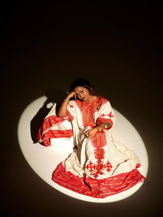 Timeless Habesha Kemis with Red Embroidery Traditional Ethiopian Dress