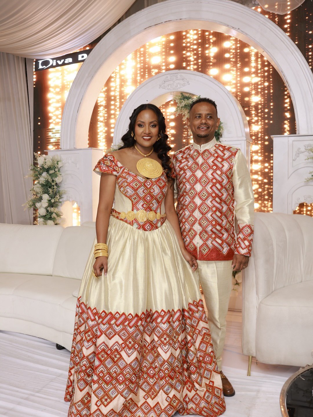 Habesha Couple Outfit Ethiopian Traditional Dress and Men's Shirt Set