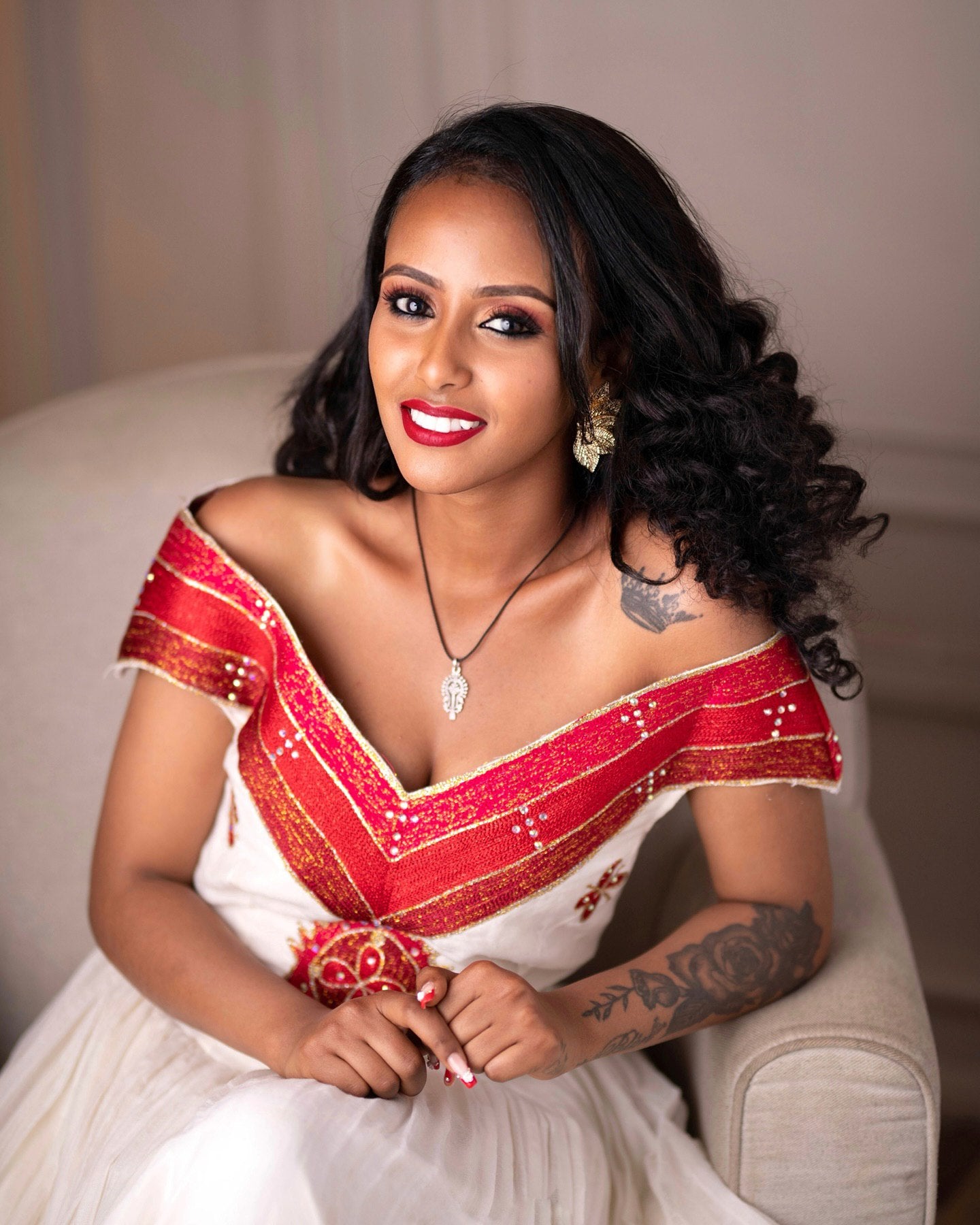 Off-Shoulder Habesha Dress Red Embroidery Ethiopian Traditional Dress Timeless Habesha Kemis 588