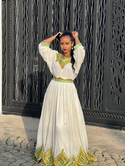 Green and Gold Habesha Kemis Ethiopian Traditional Dress Stylish Habesha Dress For Festive  589
