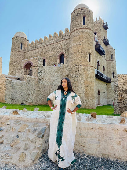 Green Embroidery Habesha Kemis Ethiopian Traditional Dress