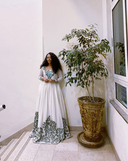 White Habesha Kemis Green Embroidery Habesha Dress  Long Sleeve Traditional Ethiopian Dress 596