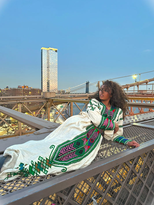 Green and Pink Embroidered Habesha Kemis Long Sleeve