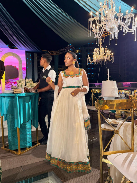 Sleeveless Habesha Kemis Green and Gold Ethiopian Dress