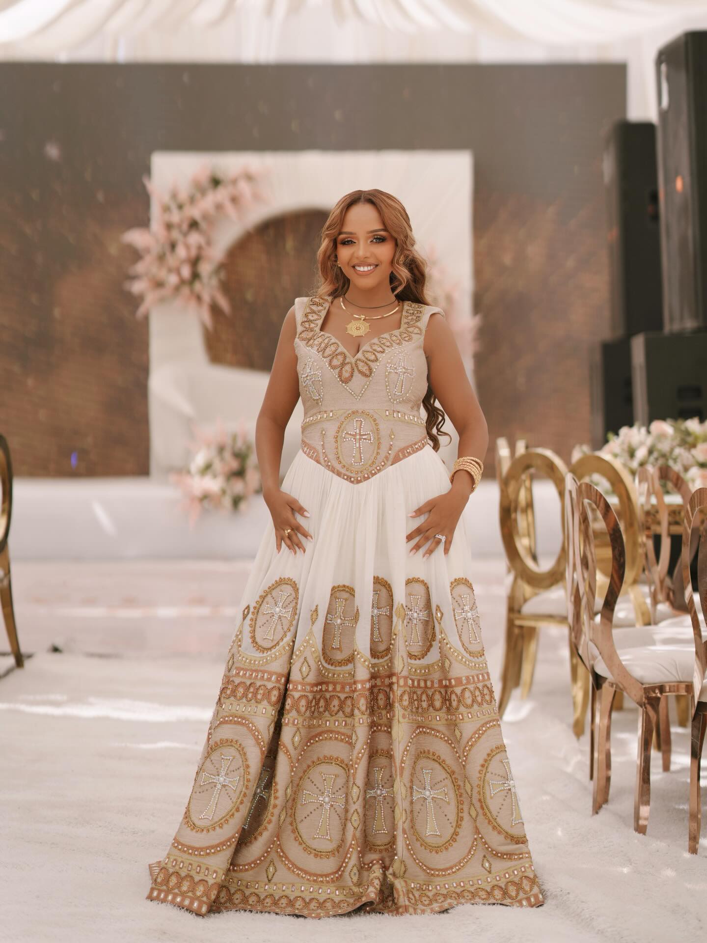 Sleeveless Ethiopian Wedding Habesha Dress with Golden Embroidery