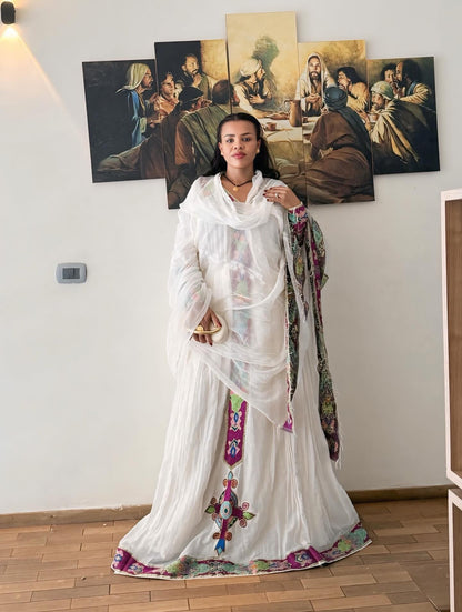 Multicolor Embroidery Habesha Dress Long Sleeve Ethiopian Clothing Timeless Habesha Kemis 625