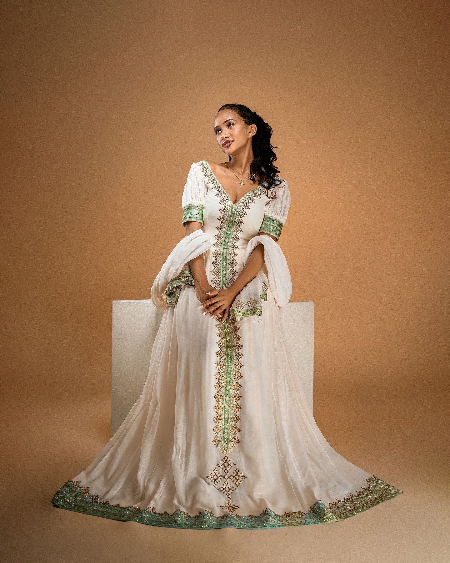 Green Embroidery Habesha Dress Off Shoulder Ethiopian Kemis