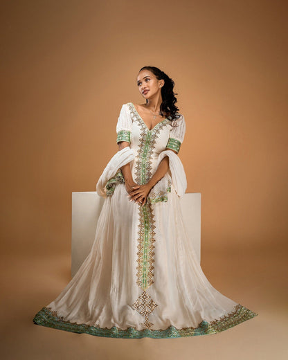 Green Embroidery Habesha Dress Off Shoulder Ethiopian Kemis