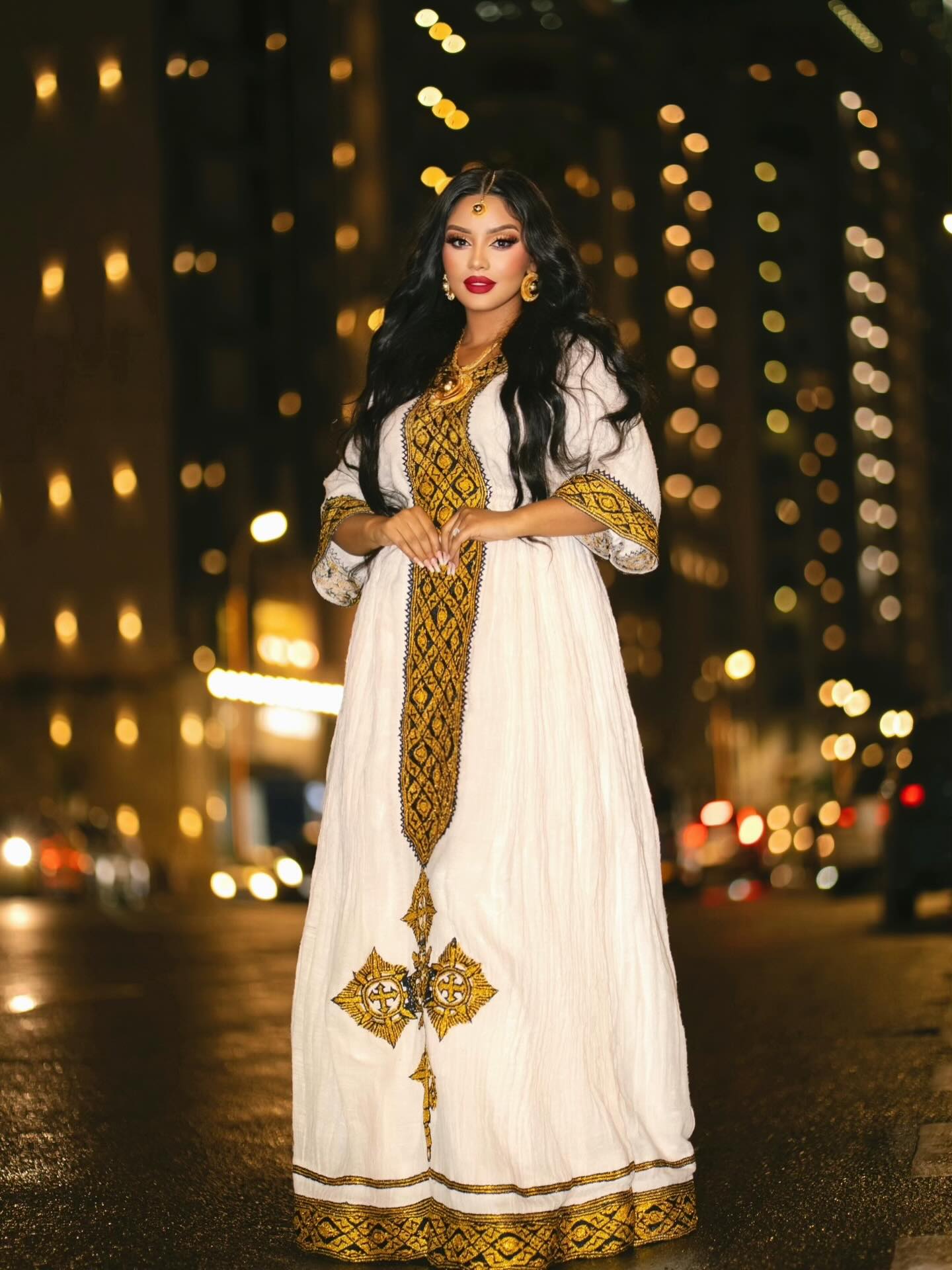 Golden Embroidery Habesha Kemis Charming Traditional Ethiopian Dress Cross Design Habesha Dress 637
