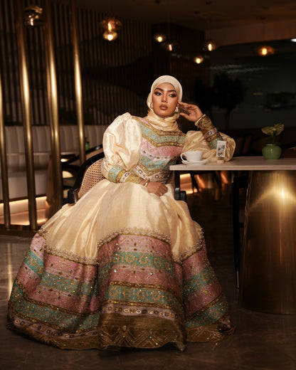 Puff Sleeve Habesha Dress Multicolor Embroidery Habesha Kemis Ethiopian Wedding Dress Style 638