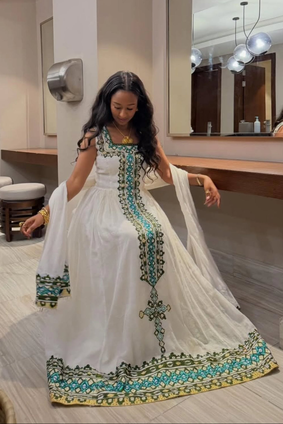 Sleeveless Habesha Dress Green Blue Ethiopian Traditional Style