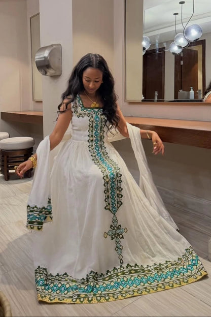 Sleeveless Habesha Dress Green Blue Ethiopian Traditional Style