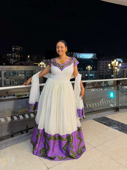 Short Sleeve Habesha Dress Purple Woven Elegant Habesha Kemis