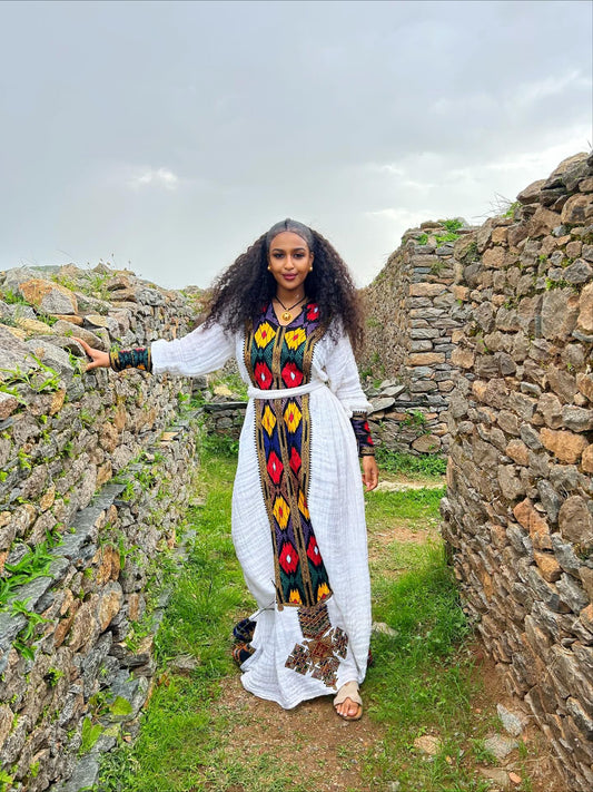 Long Sleeve Habesha Dress | Multicolor Woven Traditional Ethiopian Style