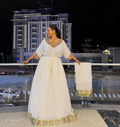 Pink and Green Habesha Dress | Elegant Traditional Ethiopian Style