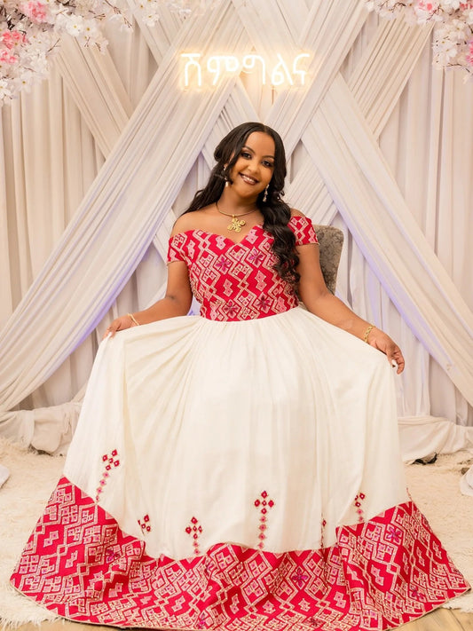 Off-Shoulder Habesha Dress | Red Embroidery Ethiopian Wedding Style