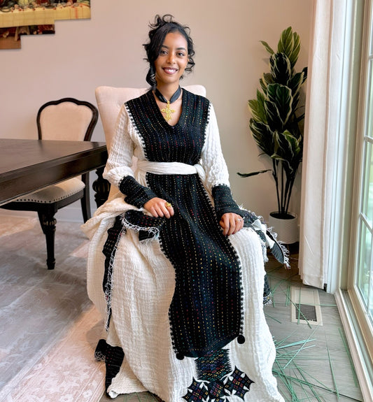 Long Sleeve Habesha Dress Black Embroidery Ethiopian Style