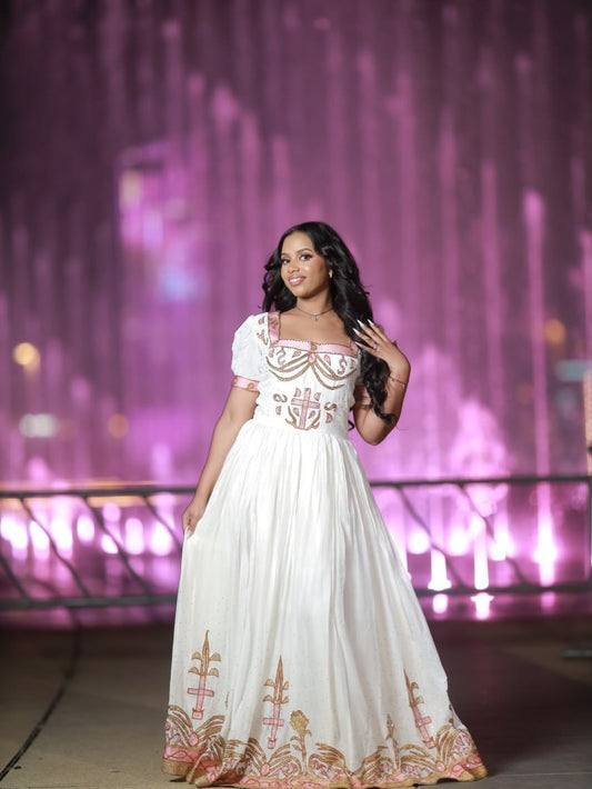 Square Neck Habesha Dress Pink and Gold Embroidery