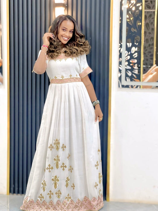 Pink Embroidery Habesha Dress Short Sleeve Kemis