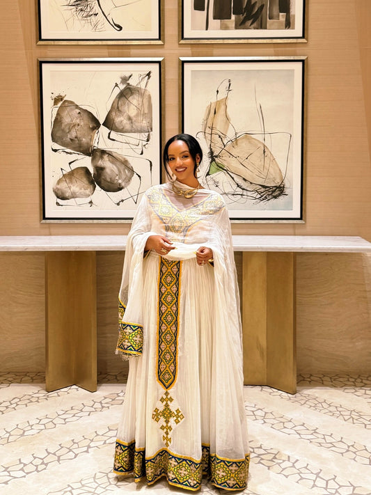 V-Neck Habesha Dress Yellow and Green Embroidery