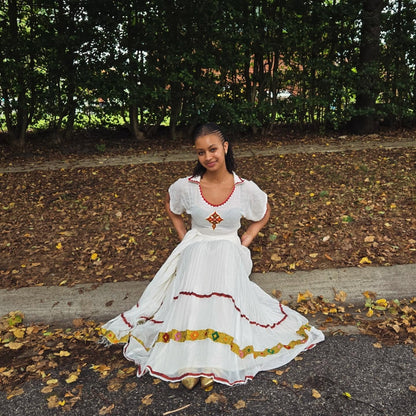 Short Sleeve Habesha Dress Red and Multicolor Embroidery