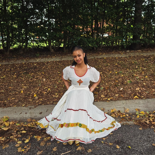 Short Sleeve Habesha Dress Red and Multicolor Embroidery