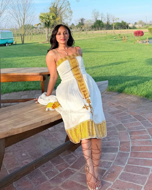 Sleeveless Habesha Kemis with Golden Woven Design