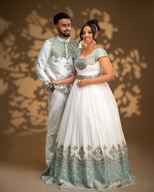 Elegant Habesha Couple Outfit with Mint Green Embroidery
