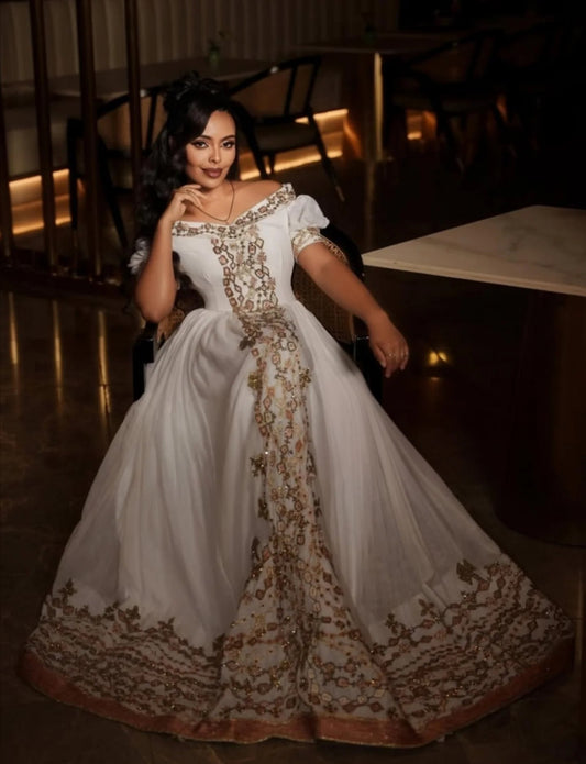 Off-Shoulder Habesha Dress with Golden Embroidery