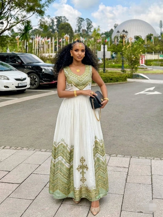 Sleeveless Habesha Dress with Green Embroidery