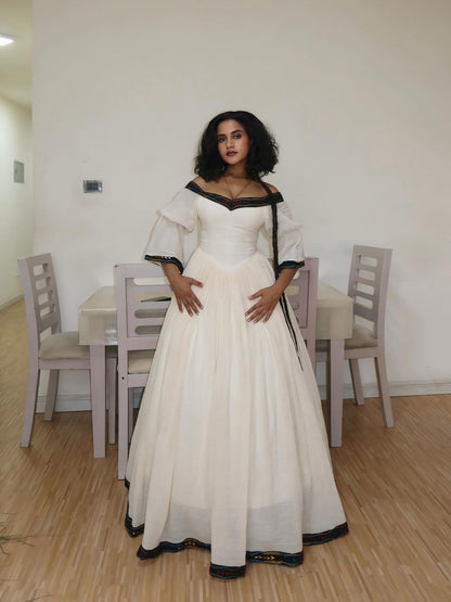 Off-Shoulder Habesha Dress Multicolor Woven Design Habesha Kemis Stylish Ethiopian Clothing 677