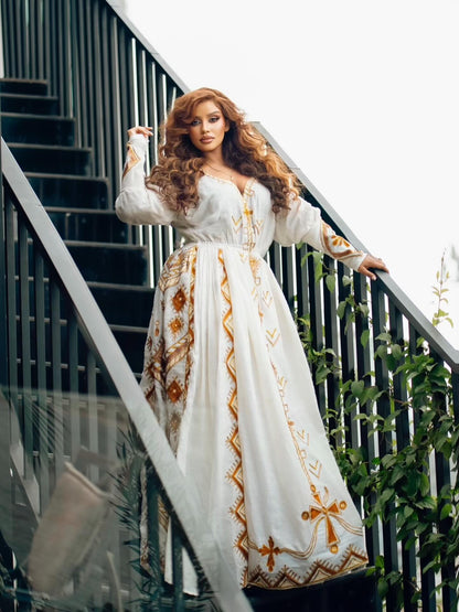 Golden Embroidery Habesha Kemis  Long Sleeve Traditional Ethiopian Dress