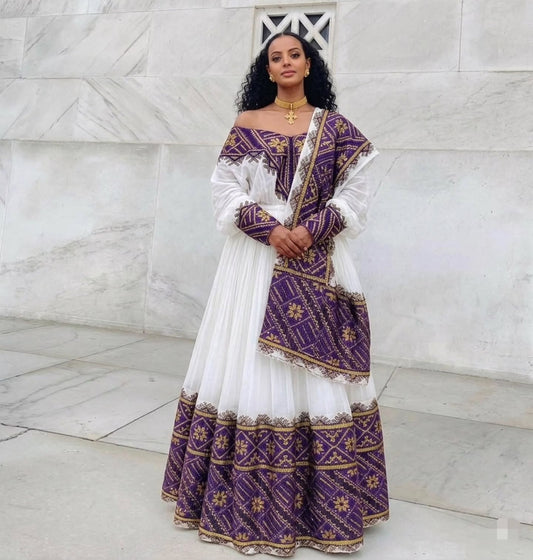 Purple Woven Habesha Dress Long Sleeve Off-Shoulder Habesha Kemis