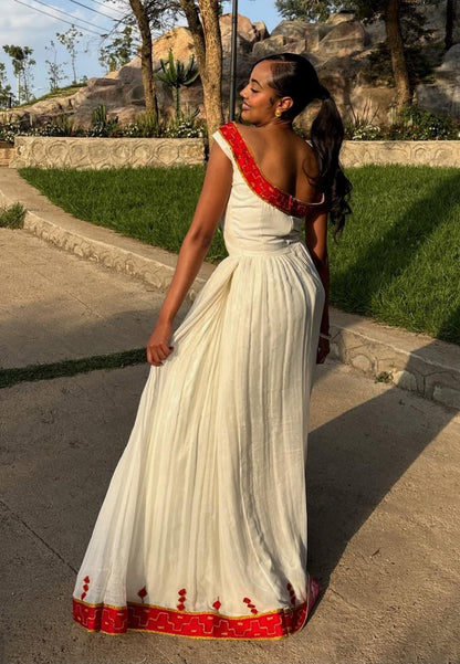 Backless Habesha Dress with Red Embroidery Beautiful Habesha Kemis